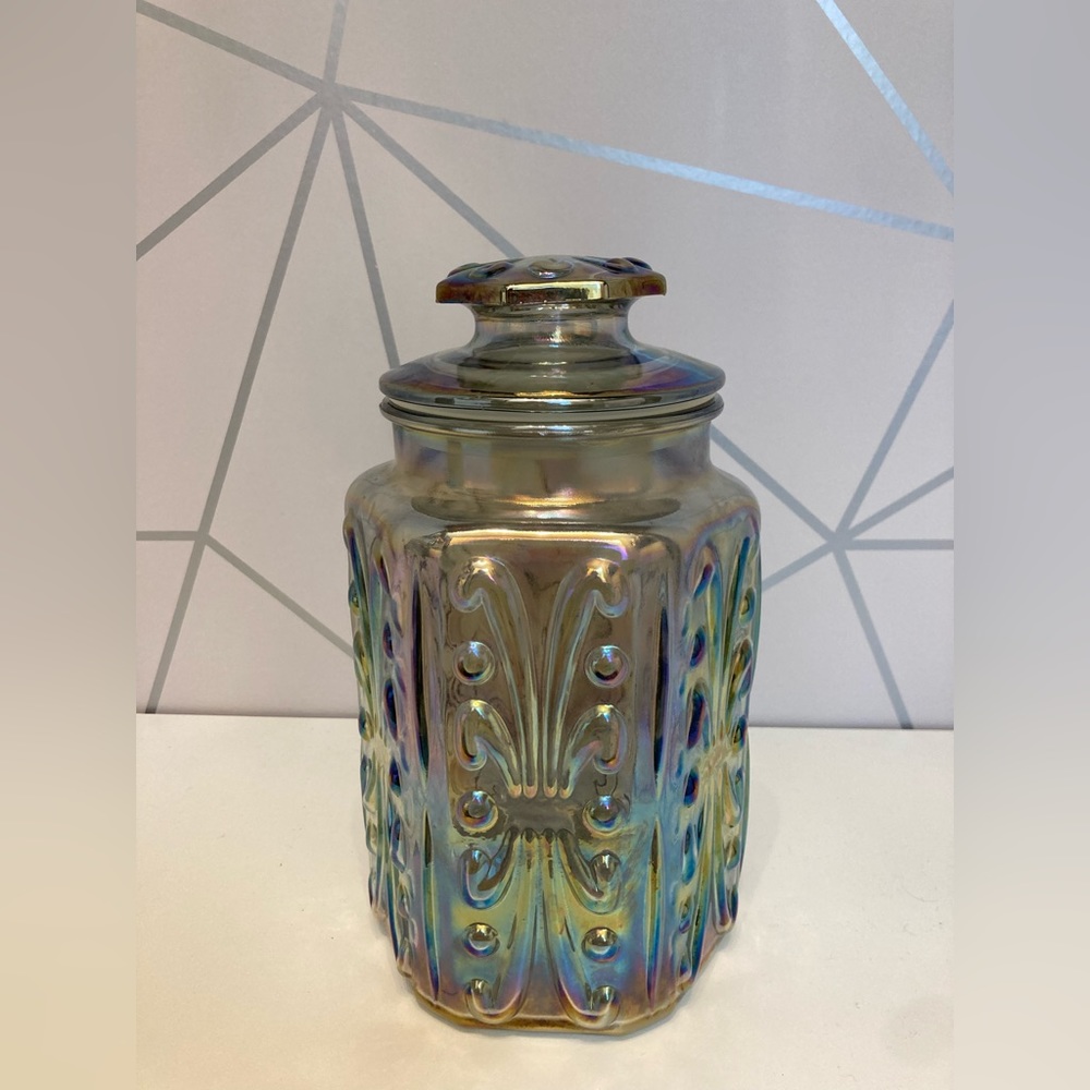 Vintage Federal Glass Show Off Jars Iridescent  Apothecary “Atterbury Scroll”